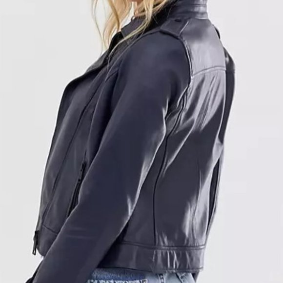 Navy Barney's Originals Genuine Leather Biker Jacket Size 4 - Picture 6 of 10
